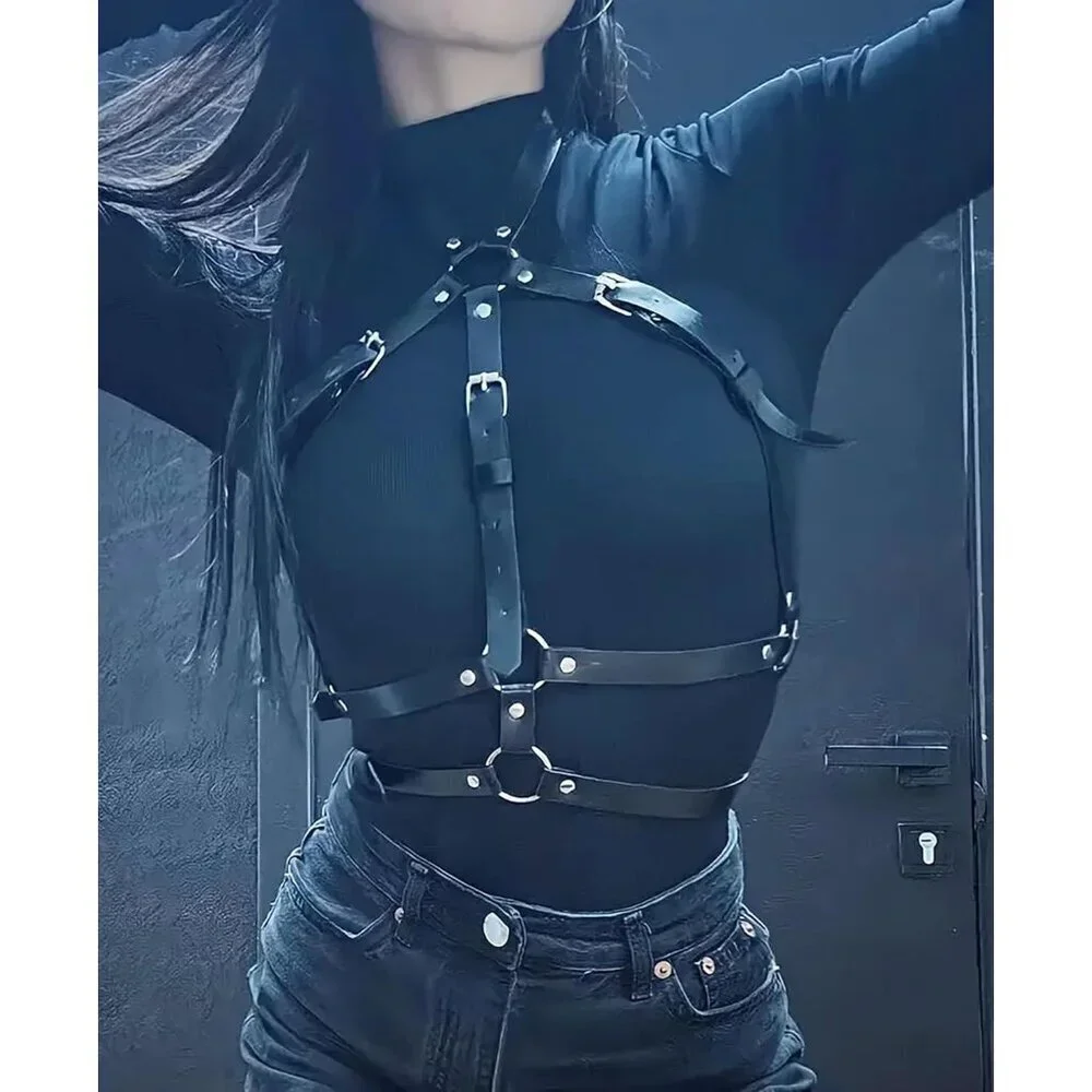 Punk Leather Chest Body Chain Belt Women Gothic Adjustable Rave Halloween